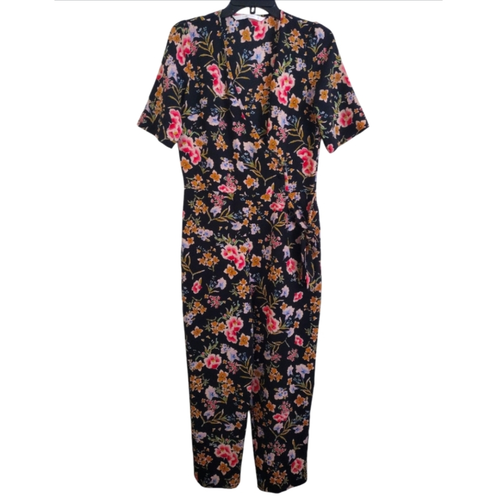 Zara Black Multicolor Floral Jumpsuit Short Sleeves Size Small